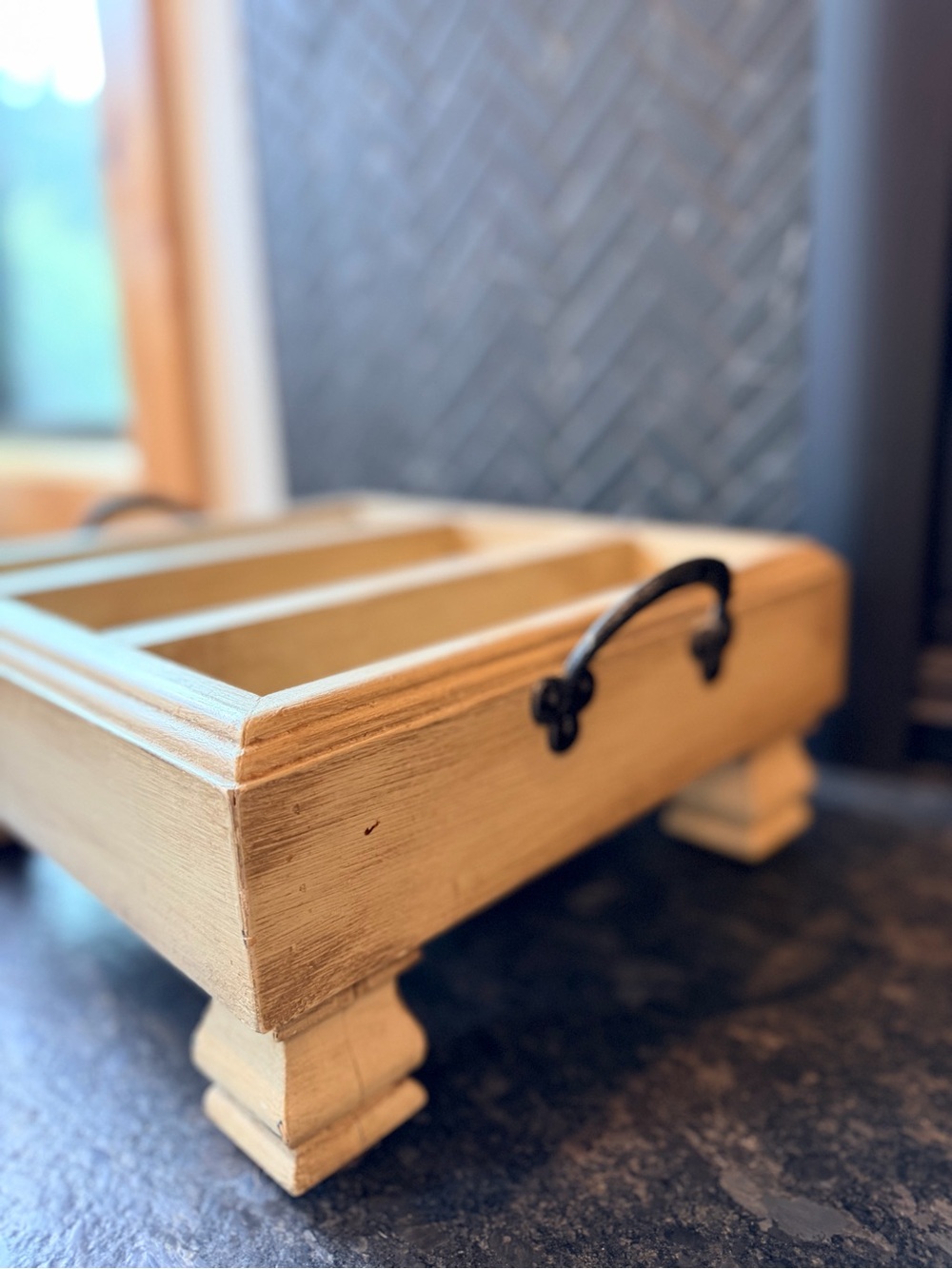 Rustic Wood Divided Pedestal Serving Tray Wrought Iron Handles 13x14